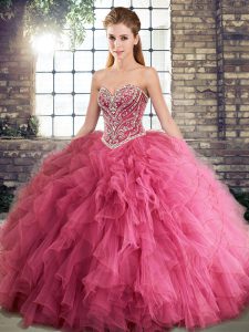 Fabulous Floor Length Watermelon Red Quinceanera Gowns Tulle Sleeveless Beading and Ruffles