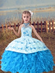 Baby Blue Halter Top Neckline Beading and Embroidery and Ruffles Kids Formal Wear Sleeveless Lace Up