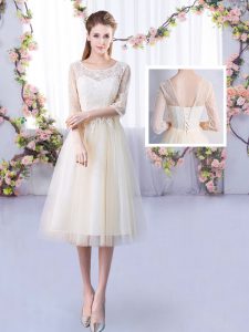 Top Selling Half Sleeves Tea Length Lace Lace Up Court Dresses for Sweet 16 with Champagne