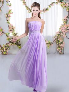Lavender Empire Strapless Sleeveless Chiffon Sweep Train Lace Up Beading Quinceanera Court of Honor Dress