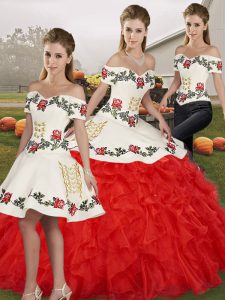 Sophisticated Organza Off The Shoulder Sleeveless Lace Up Embroidery and Ruffles Sweet 16 Quinceanera Dress in White And Red