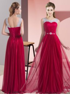 Amazing Wine Red Chiffon Lace Up Dama Dress Sleeveless Floor Length Beading and Belt