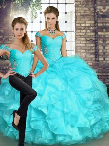 Classical Aqua Blue Two Pieces Beading and Ruffles Quinceanera Dresses Lace Up Organza Sleeveless Floor Length