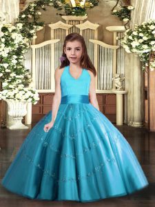 Floor Length Lace Up Child Pageant Dress Baby Blue for Party and Wedding Party with Beading
