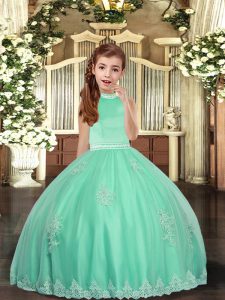 Charming Apple Green Ball Gowns Appliques Little Girls Pageant Gowns Backless Tulle Sleeveless Floor Length
