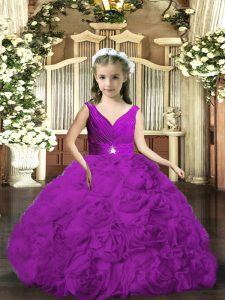 Purple Backless V-neck Beading and Ruching Pageant Gowns For Girls Fabric With Rolling Flowers Sleeveless