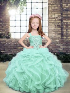 Artistic Apple Green Tulle Lace Up Straps Sleeveless Floor Length Little Girl Pageant Dress Beading and Ruffles