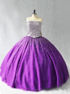 Sleeveless Organza Floor Length Lace Up 15th Birthday Dress in Purple with Beading
