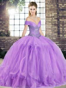 Admirable Sleeveless Tulle Floor Length Lace Up Quinceanera Gown in Lavender with Beading and Ruffles