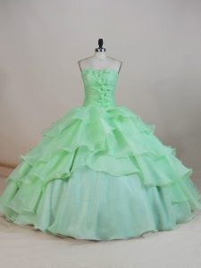 Extravagant Floor Length Apple Green Ball Gown Prom Dress Organza Sleeveless Ruffled Layers and Ruching and Hand Made Flower