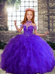 Beading and Ruffles Evening Gowns Purple Lace Up Sleeveless Floor Length