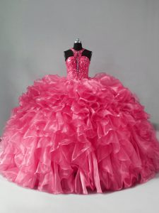 Luxurious Ball Gowns 15 Quinceanera Dress Hot Pink Halter Top Organza Sleeveless Zipper