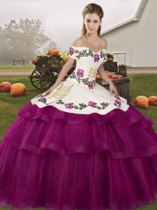 Dramatic Fuchsia Tulle Lace Up Vestidos de Quinceanera Sleeveless Brush Train Embroidery and Ruffled Layers