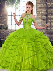 Customized Floor Length Olive Green Quinceanera Gowns Halter Top Sleeveless Lace Up
