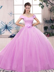 Ball Gowns Quinceanera Dress Lilac Off The Shoulder Tulle Short Sleeves Floor Length Lace Up