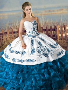Wonderful Blue And White Sleeveless Satin and Organza Lace Up Quince Ball Gowns for Sweet 16 and Quinceanera