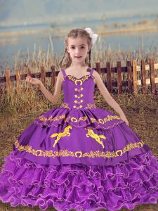 Eggplant Purple Ball Gowns Straps Sleeveless Organza Floor Length Lace Up Beading and Embroidery and Ruffled Layers Little Girls Pageant Gowns
