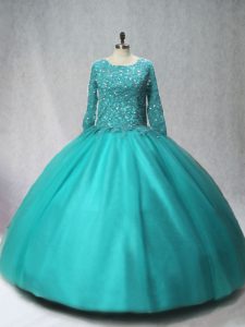 Traditional Floor Length Lace Up Sweet 16 Dresses Turquoise for Sweet 16 and Quinceanera with Beading