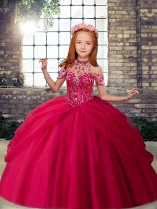 Sleeveless Tulle Floor Length Lace Up Child Pageant Dress in Hot Pink with Beading