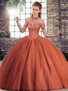 Simple Rust Red Tulle Lace Up Sweet 16 Quinceanera Dress Sleeveless Brush Train Beading