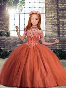 Deluxe Floor Length Ball Gowns Sleeveless Rust Red Girls Pageant Dresses Lace Up
