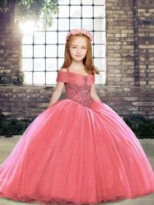 Watermelon Red Ball Gowns Tulle Straps Sleeveless Beading Lace Up Little Girl Pageant Dress Brush Train