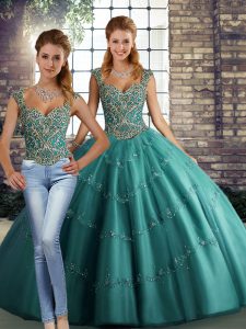 Charming Straps Sleeveless Lace Up 15th Birthday Dress Teal Tulle