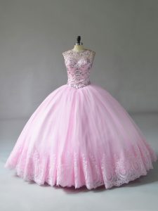 Ideal Ball Gowns Sweet 16 Quinceanera Dress Baby Pink Scoop Tulle Sleeveless Floor Length Lace Up