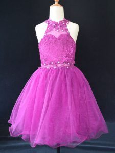 Cute Fuchsia A-line Organza Halter Top Sleeveless Beading and Lace Mini Length Lace Up Girls Pageant Dresses