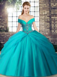 Sleeveless Brush Train Beading and Pick Ups Lace Up Quinceanera Gowns