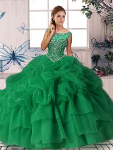 Organza Scoop Sleeveless Brush Train Zipper Beading and Pick Ups Quinceanera Gowns in Green