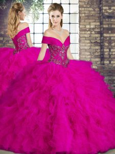 Affordable Fuchsia Ball Gowns Off The Shoulder Sleeveless Tulle Floor Length Lace Up Beading and Ruffles Quinceanera Gown