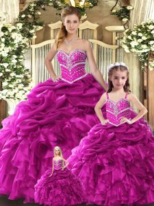 Exceptional Sweetheart Sleeveless Quince Ball Gowns Floor Length Beading and Ruffles Fuchsia Organza
