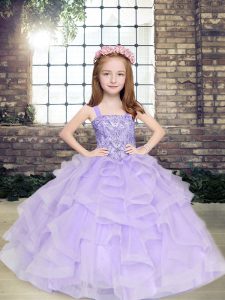 Captivating Straps Sleeveless High School Pageant Dress Floor Length Beading and Ruffles Lavender Tulle