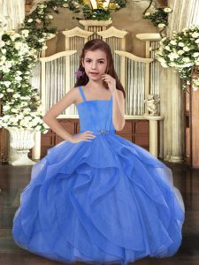 Admirable Blue Ball Gowns Tulle Straps Sleeveless Beading Floor Length Lace Up Little Girls Pageant Dress