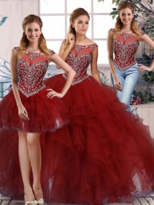 Stylish Burgundy Sleeveless Organza Zipper Quinceanera Gown for Military Ball and Sweet 16 and Quinceanera