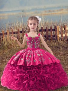 Free and Easy Fabric With Rolling Flowers Sleeveless Little Girl Pageant Dress Sweep Train and Embroidery