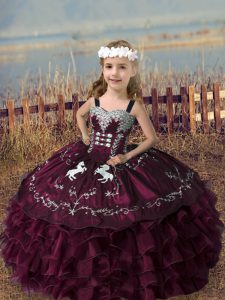 Burgundy Straps Neckline Embroidery and Ruffled Layers Little Girl Pageant Dress Sleeveless Lace Up
