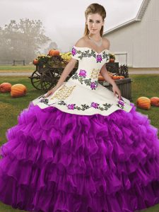 Floor Length White And Purple Quinceanera Dresses Organza Sleeveless Embroidery and Ruffled Layers