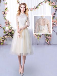 Beautiful Half Sleeves Tulle Tea Length Lace Up Quinceanera Dama Dress in Champagne with Lace