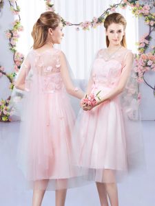 Baby Pink Tulle Lace Up V-neck Sleeveless Tea Length Dama Dress Appliques and Belt