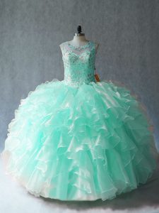 Modest Apple Green 15th Birthday Dress Sweet 16 and Quinceanera with Beading and Ruffles Scoop Sleeveless Lace Up