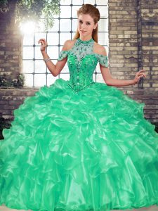 High End Turquoise Quinceanera Gowns Military Ball and Sweet 16 and Quinceanera with Beading and Ruffles Halter Top Sleeveless Lace Up