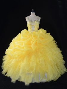 Unique Floor Length Yellow Ball Gown Prom Dress Straps Sleeveless Zipper