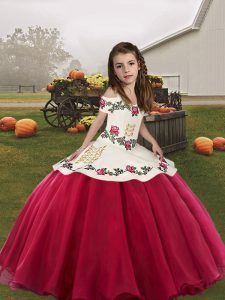 Inexpensive Floor Length Coral Red Little Girls Pageant Dress Wholesale Straps Sleeveless Lace Up