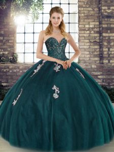 Delicate Peacock Green Ball Gowns Tulle Sweetheart Sleeveless Beading and Appliques Floor Length Lace Up Quinceanera Gown