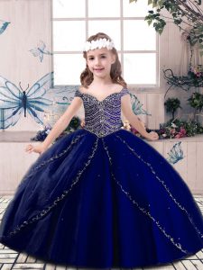 Custom Design Floor Length Lace Up Little Girl Pageant Dress Blue for Party and Wedding Party with Beading