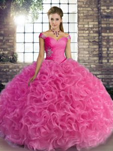 Spectacular Rose Pink Off The Shoulder Neckline Beading Ball Gown Prom Dress Sleeveless Lace Up