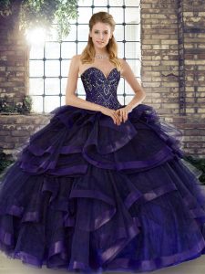 Stunning Floor Length Purple 15th Birthday Dress Tulle Sleeveless Beading and Ruffles