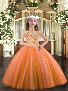 Tulle Halter Top Sleeveless Lace Up Appliques Little Girl Pageant Dress in Orange